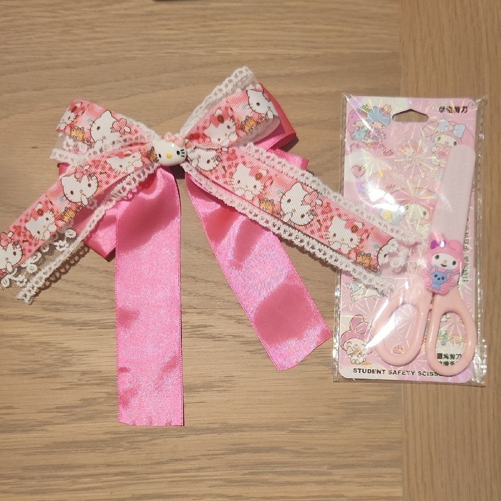 Hello Kitty Pink Hair Bow and My Melody Scissors Set!